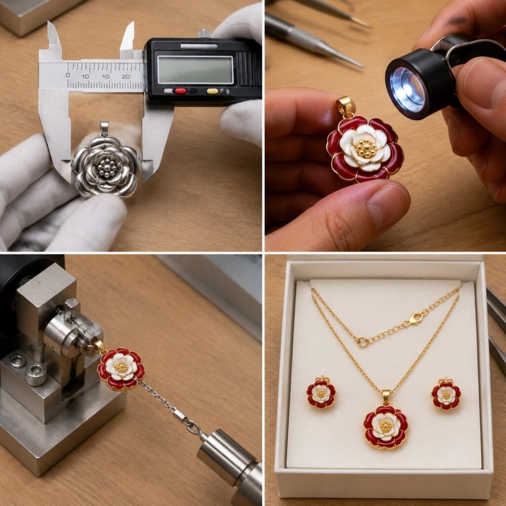 Rose jewelry undergoing dimensional color connection and packaging inspections