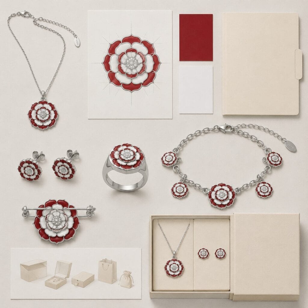 Representative six-SKU rose jewelry collection arranged for development planning