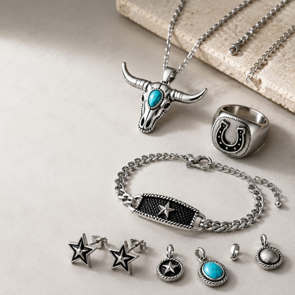 American Western stainless steel jewelry collection on a manufacturer sample bench