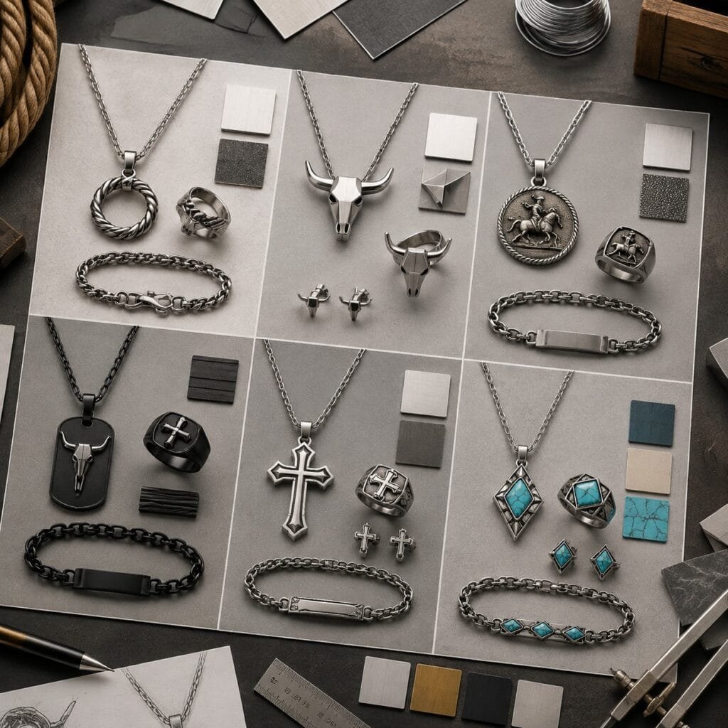 Original Western jewelry directions compared through stainless steel samples and swatches