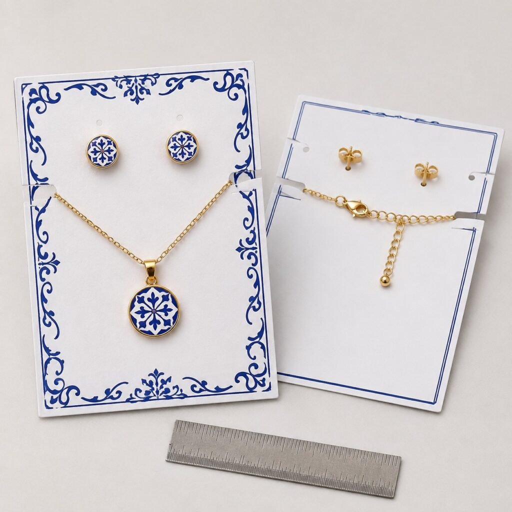Azulejo necklace and stud earrings fitted to a blank jewelry card