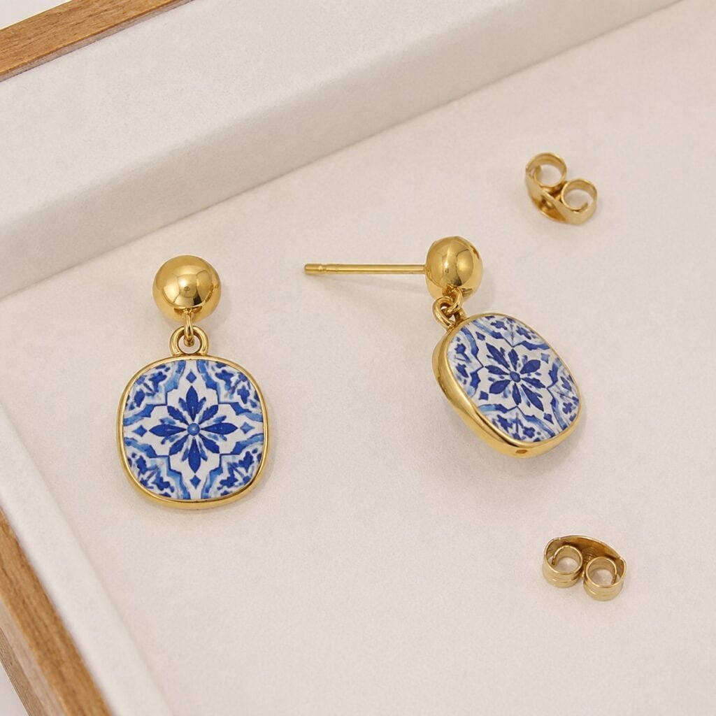 Matched Azulejo-inspired stainless steel drop earrings with post backings