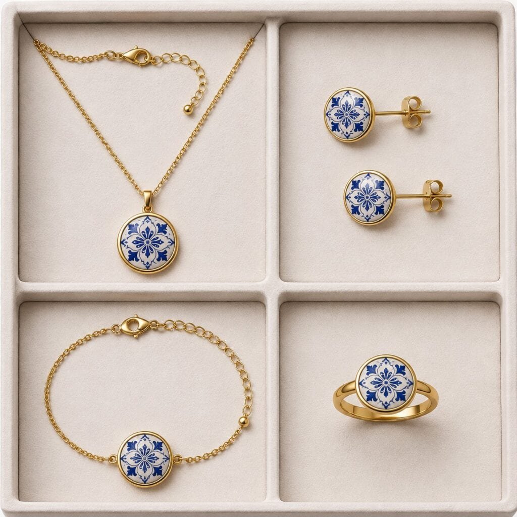 Coordinated Azulejo stainless steel necklace earrings bracelet and ring samples
