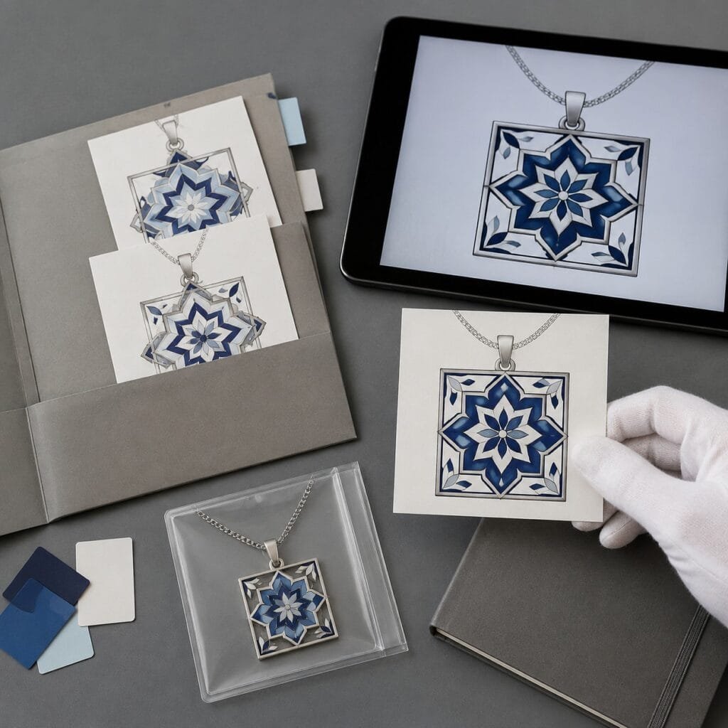 Controlled Azulejo jewelry artwork versions beside a sealed pendant sample