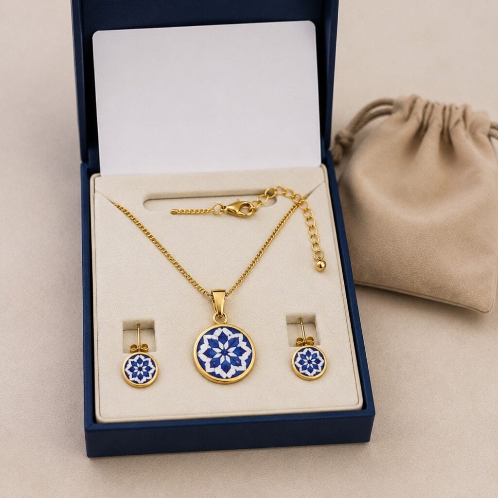 Azulejo stainless steel necklace and earrings in a fitted gift box