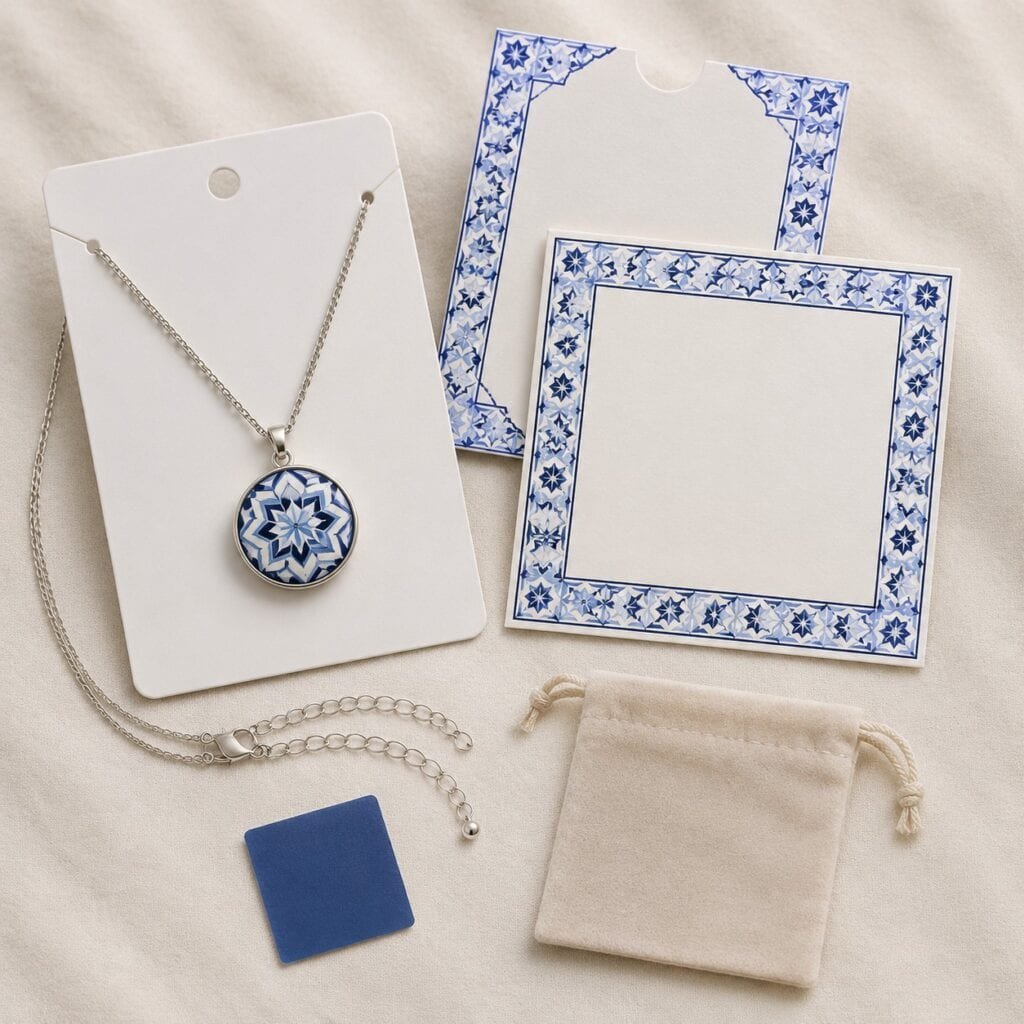 Azulejo pendant necklace with blank cultural gift story cards