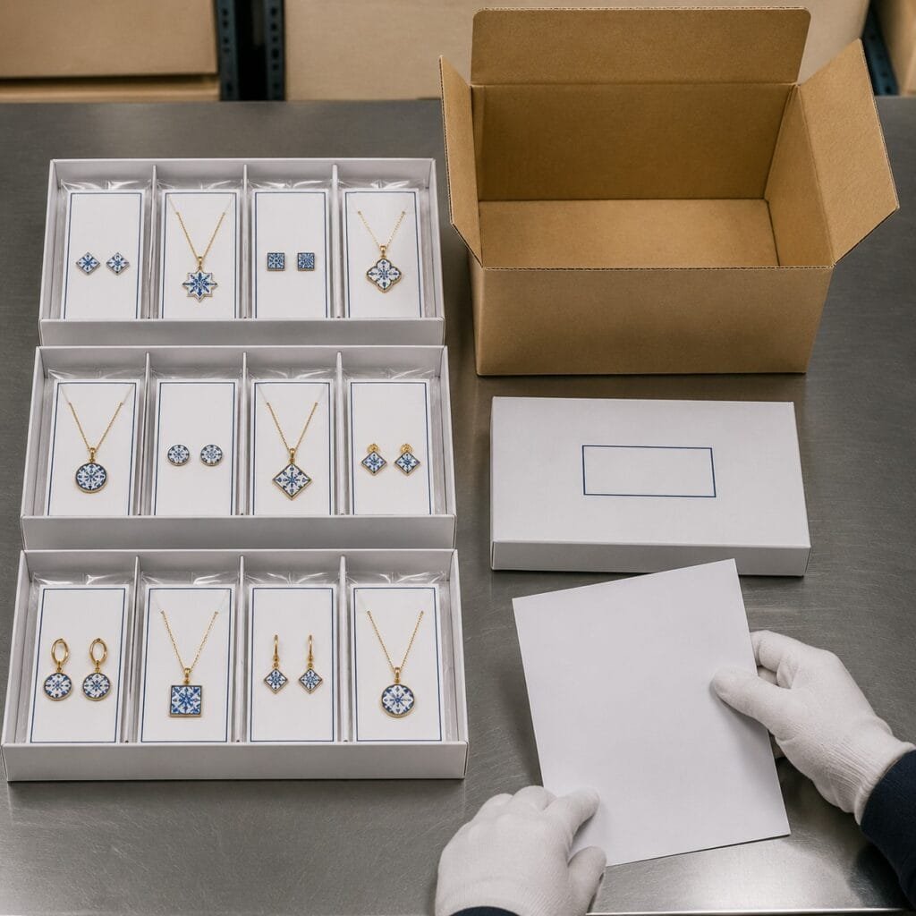Wholesale Azulejo jewelry unit packs arranged for carton inspection