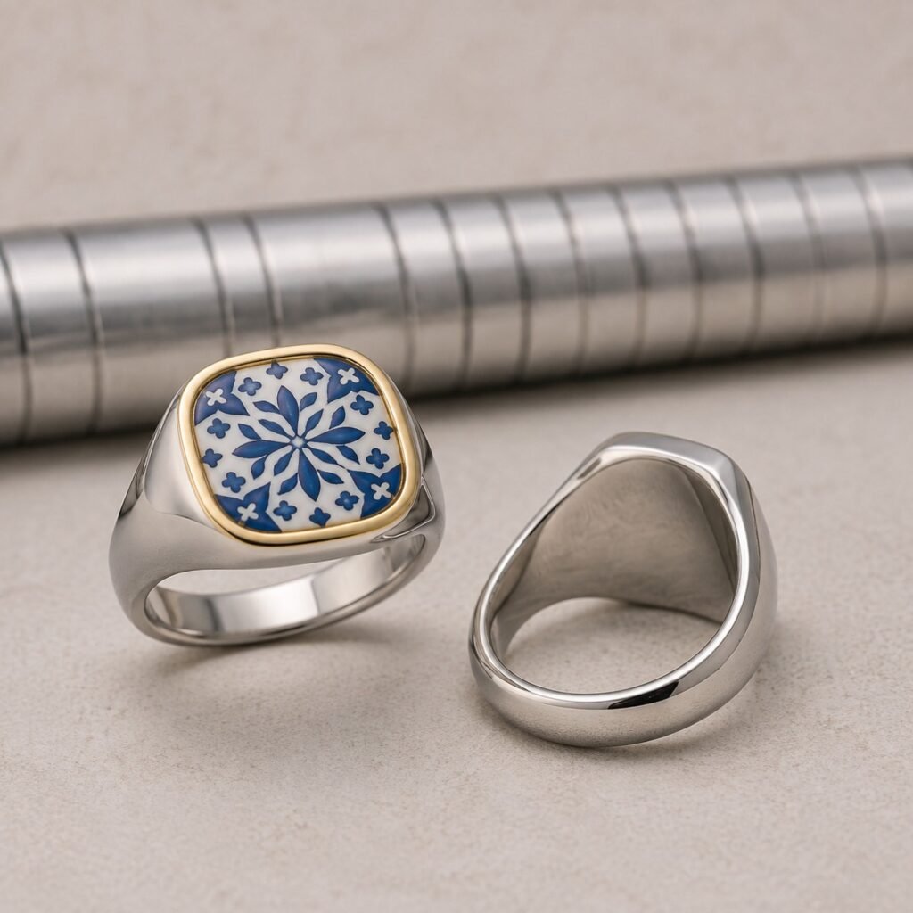 Azulejo-inspired stainless steel signet rings with recessed blue pattern