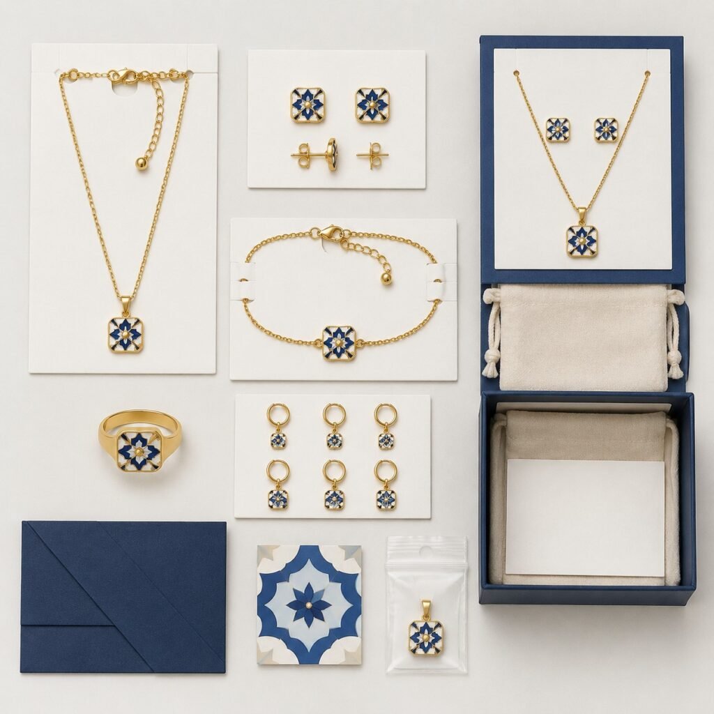 Six-SKU Azulejo stainless steel jewelry collection with two packaging levels
