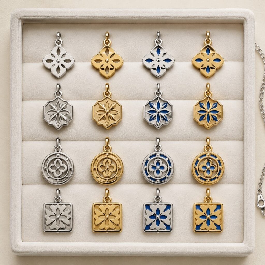 Azulejo-inspired stainless steel charm system with closed jump rings