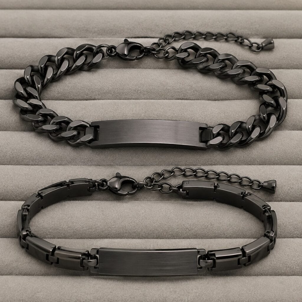 Black and gunmetal PVD men's bracelets compared on a QC surface