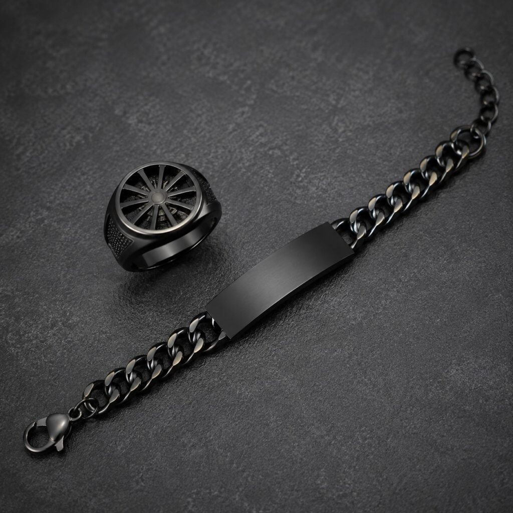 Black PVD motorcycle-inspired signet ring and stainless steel ID bracelet