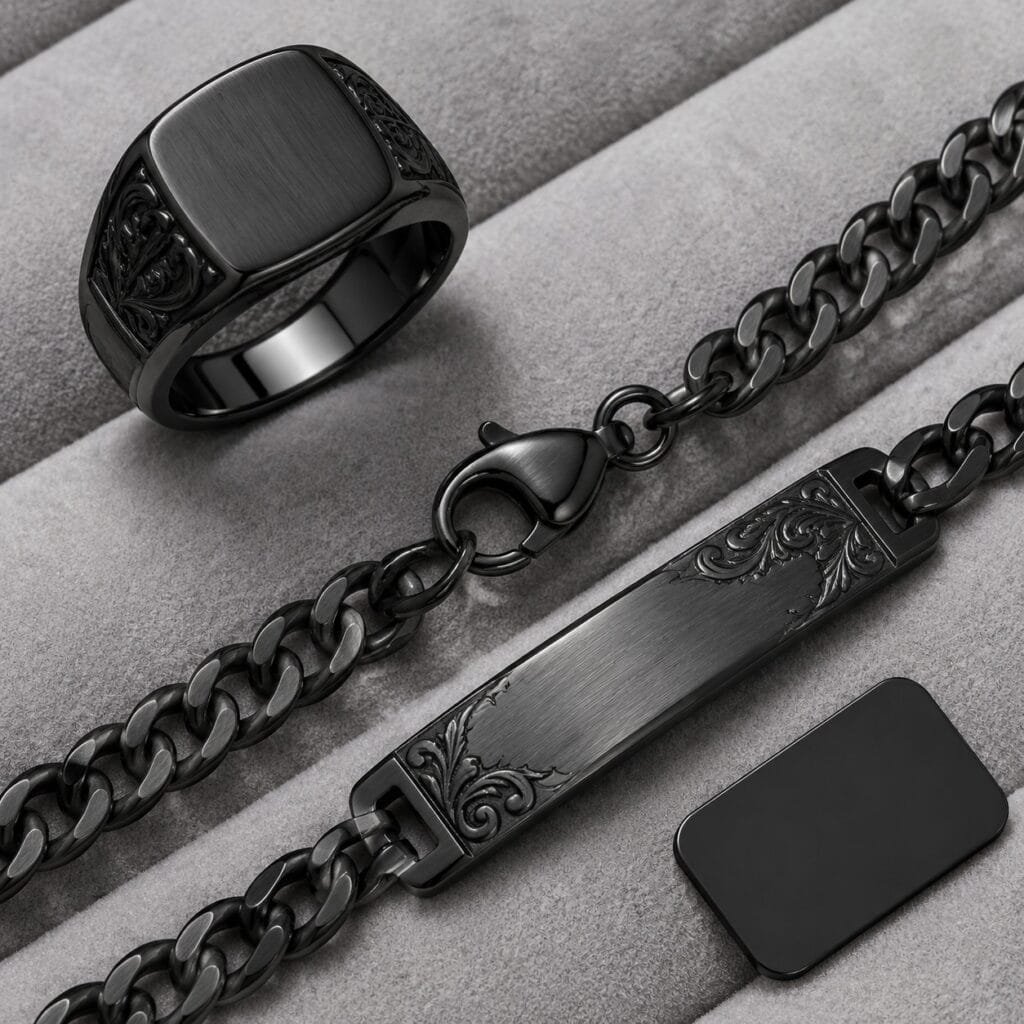 Black PVD Western men's jewelry showing polished and satin finish zones