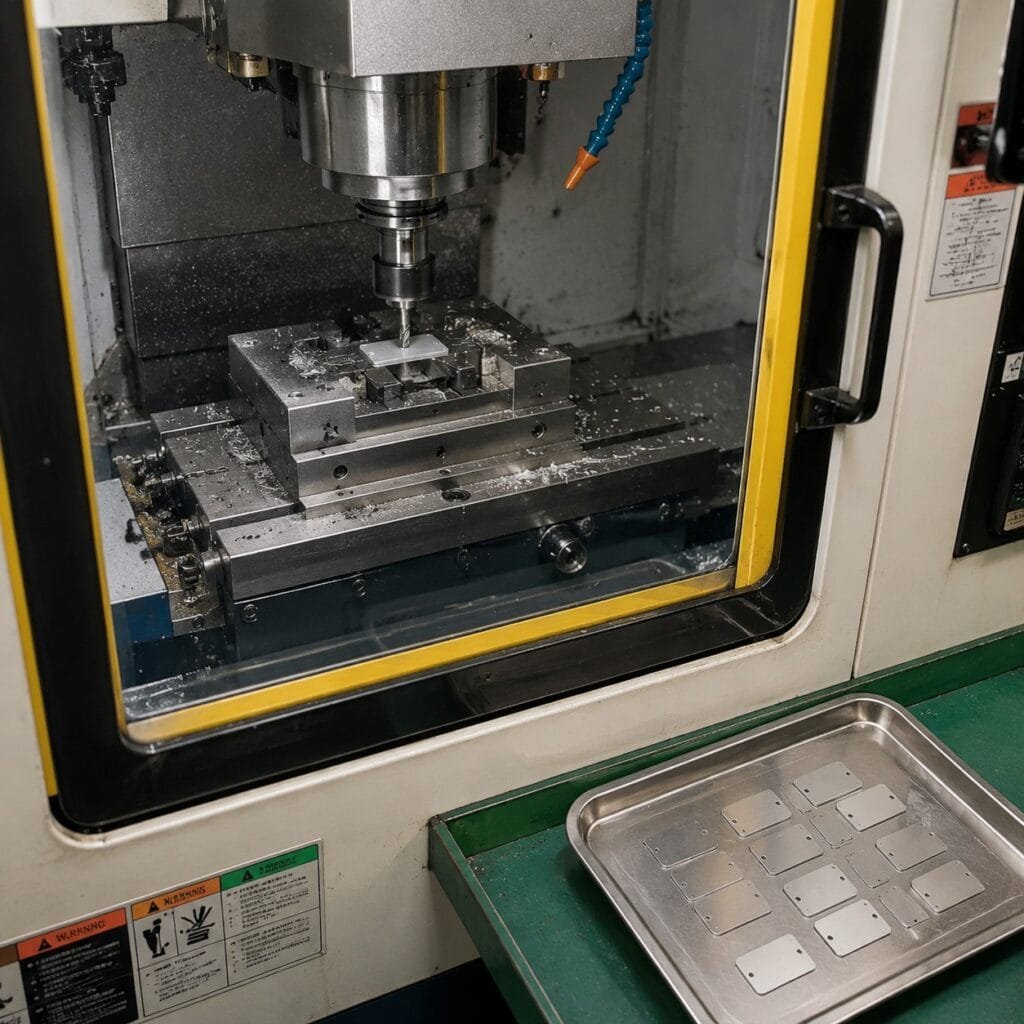 CNC machine processing stainless steel ID bracelet plates in a jewelry fixture