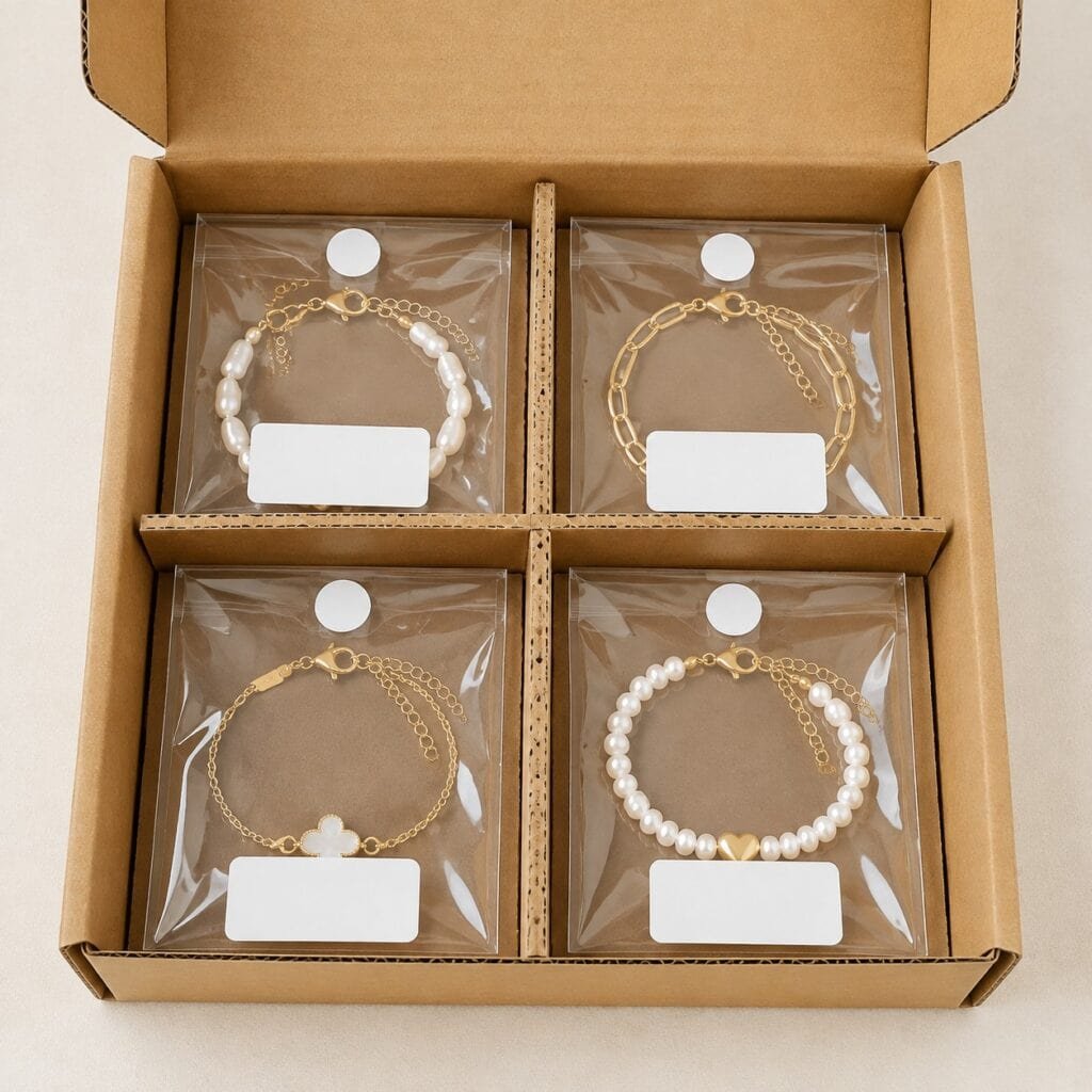 Bagged stainless steel bracelets prepared for e-commerce carton packing