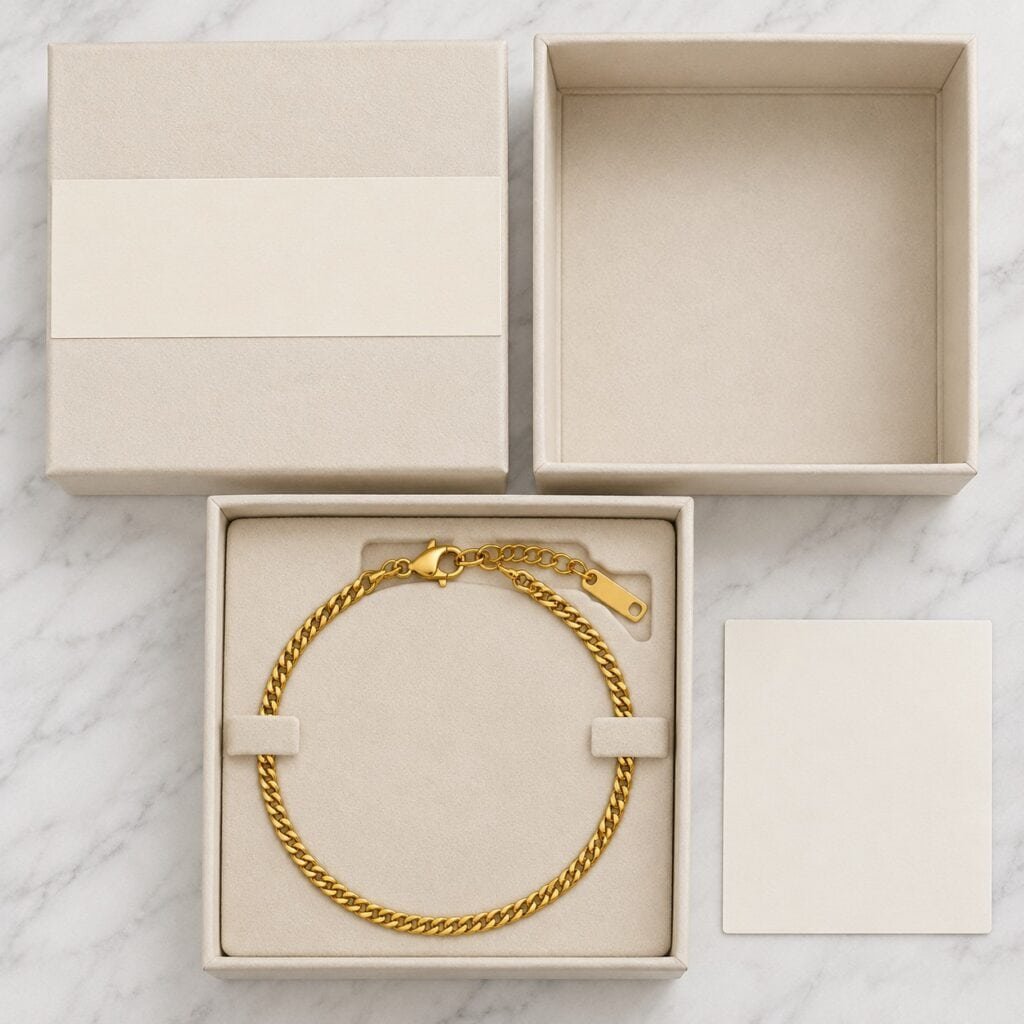 Gold PVD bracelet secured in a blank gift box insert