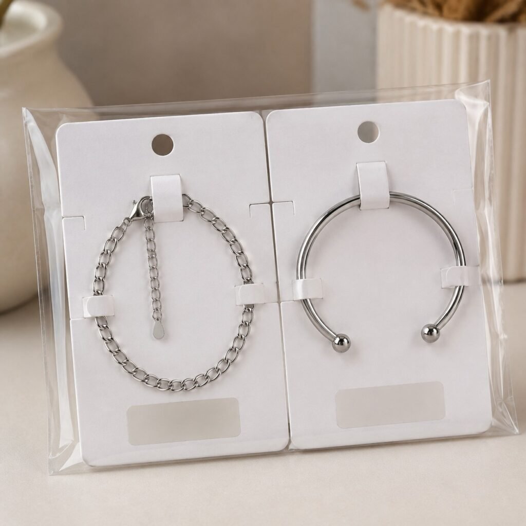 Stainless steel bracelets secured on blank jewelry cards for retail packing