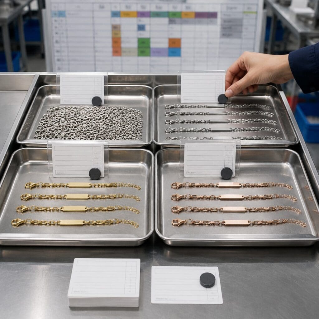 Stainless steel bracelet trays organized through production planning stages