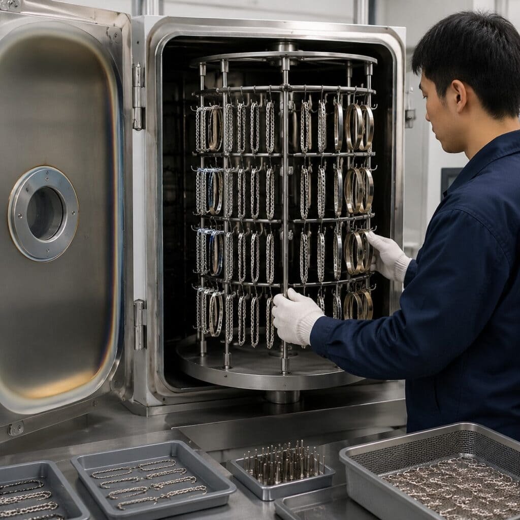 Technician loading stainless steel bracelets onto a PVD coating rack