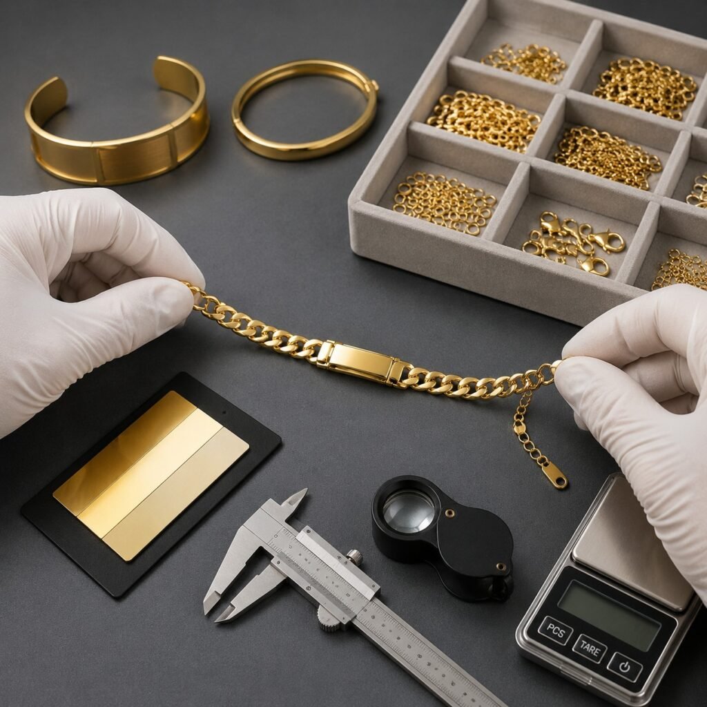 Gold PVD bracelet clasp and color inspected at a QC bench