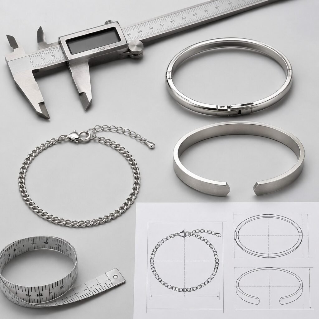 Bracelet size and clasp engineering tools beside stainless steel samples