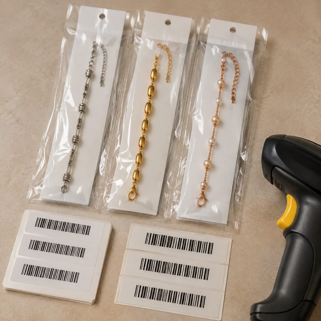 Stainless steel bracelet variants checked with blank SKU and barcode labels