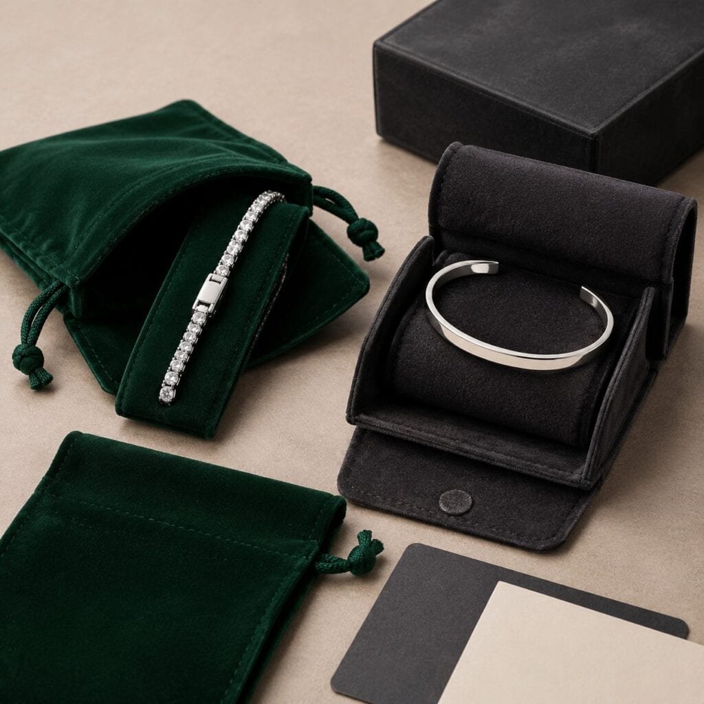 Stainless steel bracelets presented with blank velvet pouch packaging