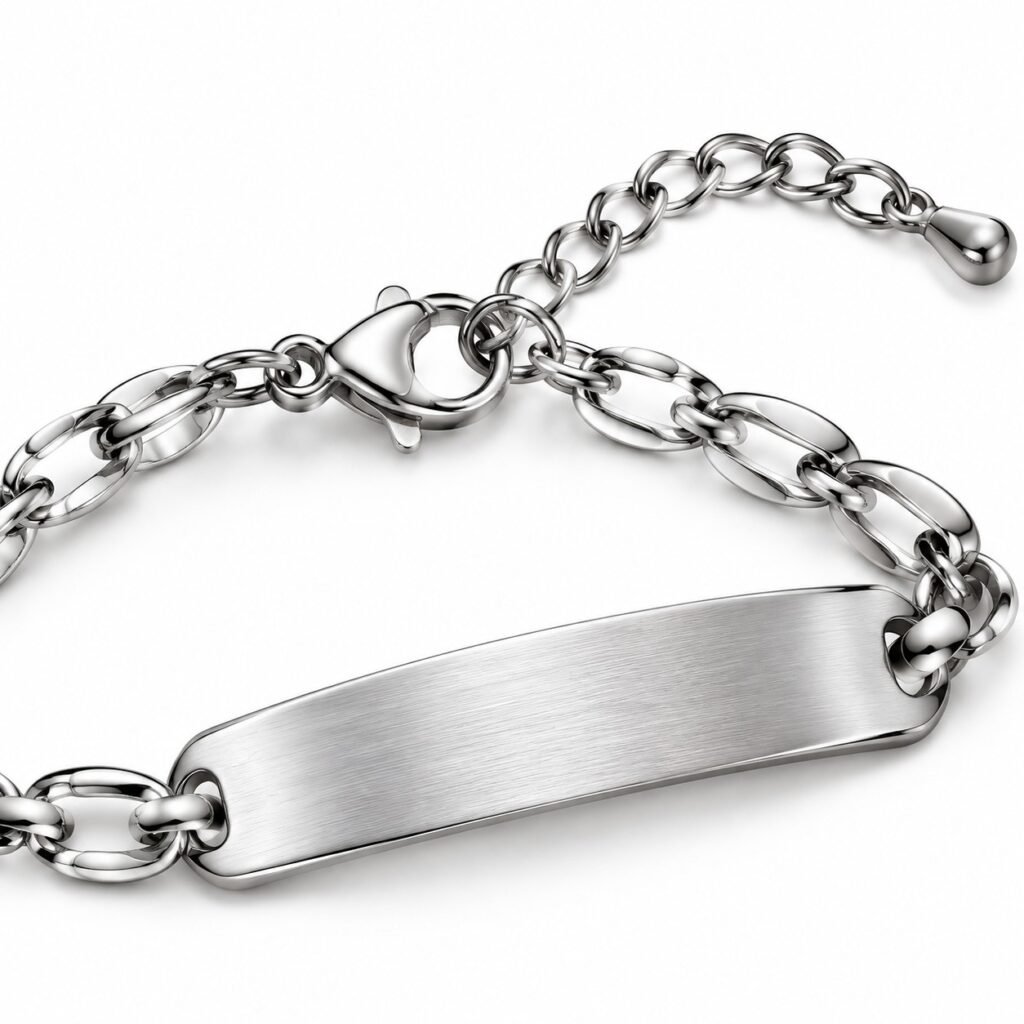 Brushed stainless steel ID bracelet with aligned texture and polished borders