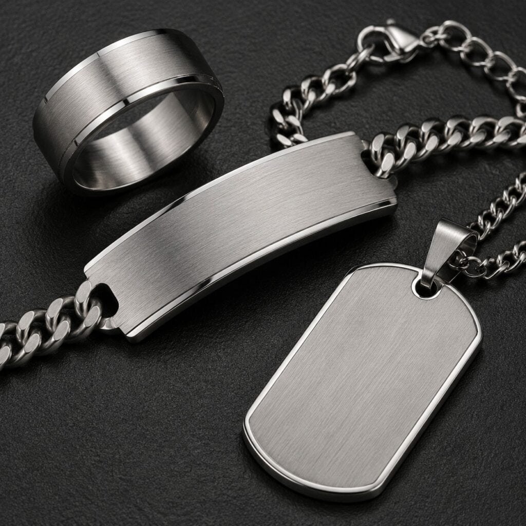 Brushed Western ring, ID plate, and pendant with controlled grain direction