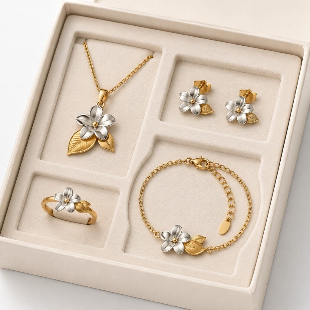 Coordinated tropical jewelry set secured in a protective gift insert