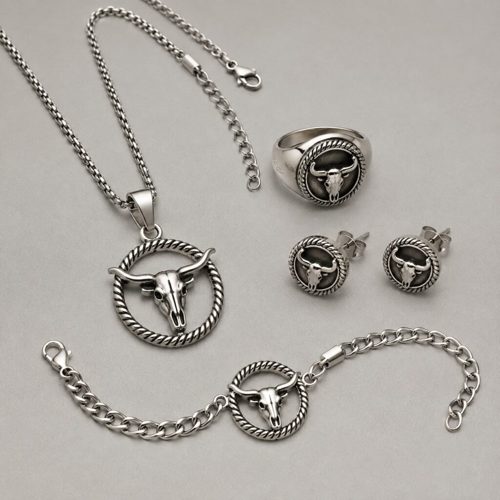 Coordinated Western stainless steel necklace, ring, earrings, and bracelet set