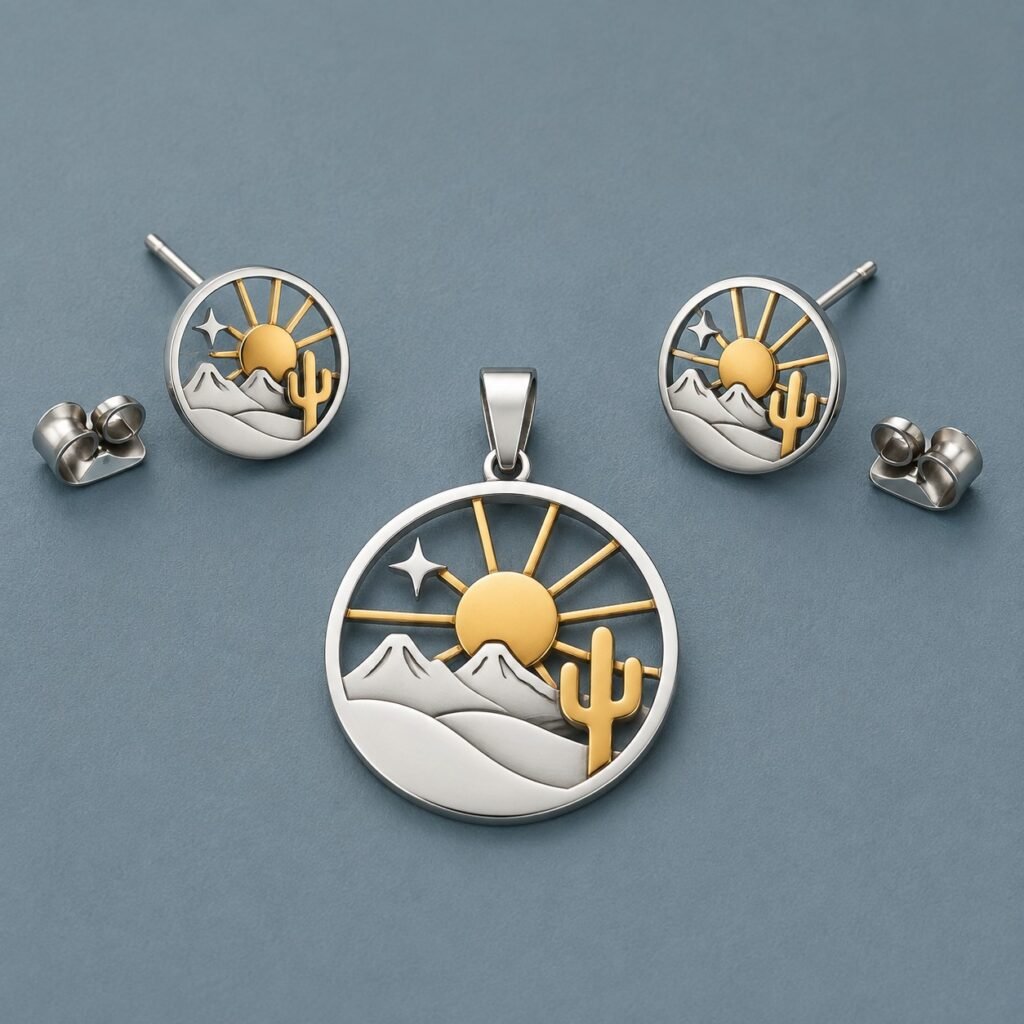 Desert landscape stainless steel pendant and matching stud earrings
