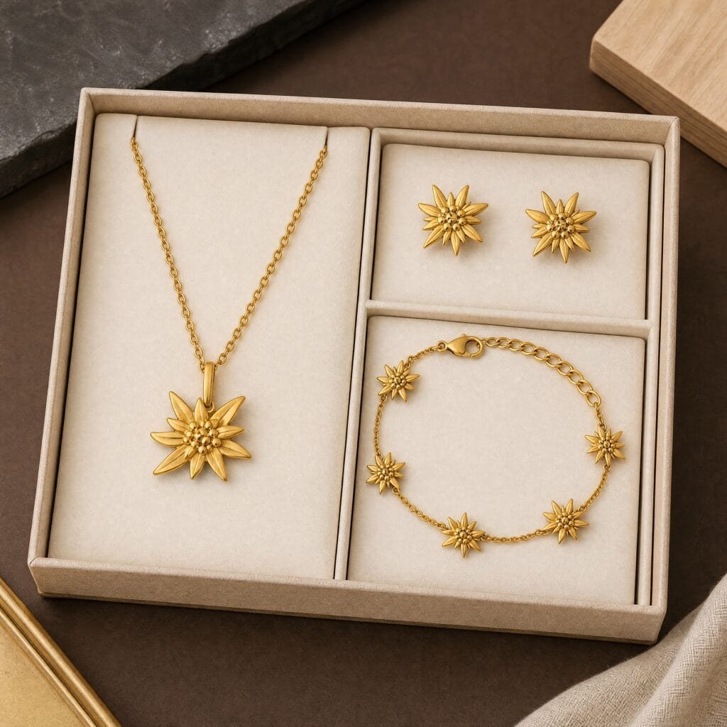 Coordinated Edelweiss necklace earrings and bracelet set