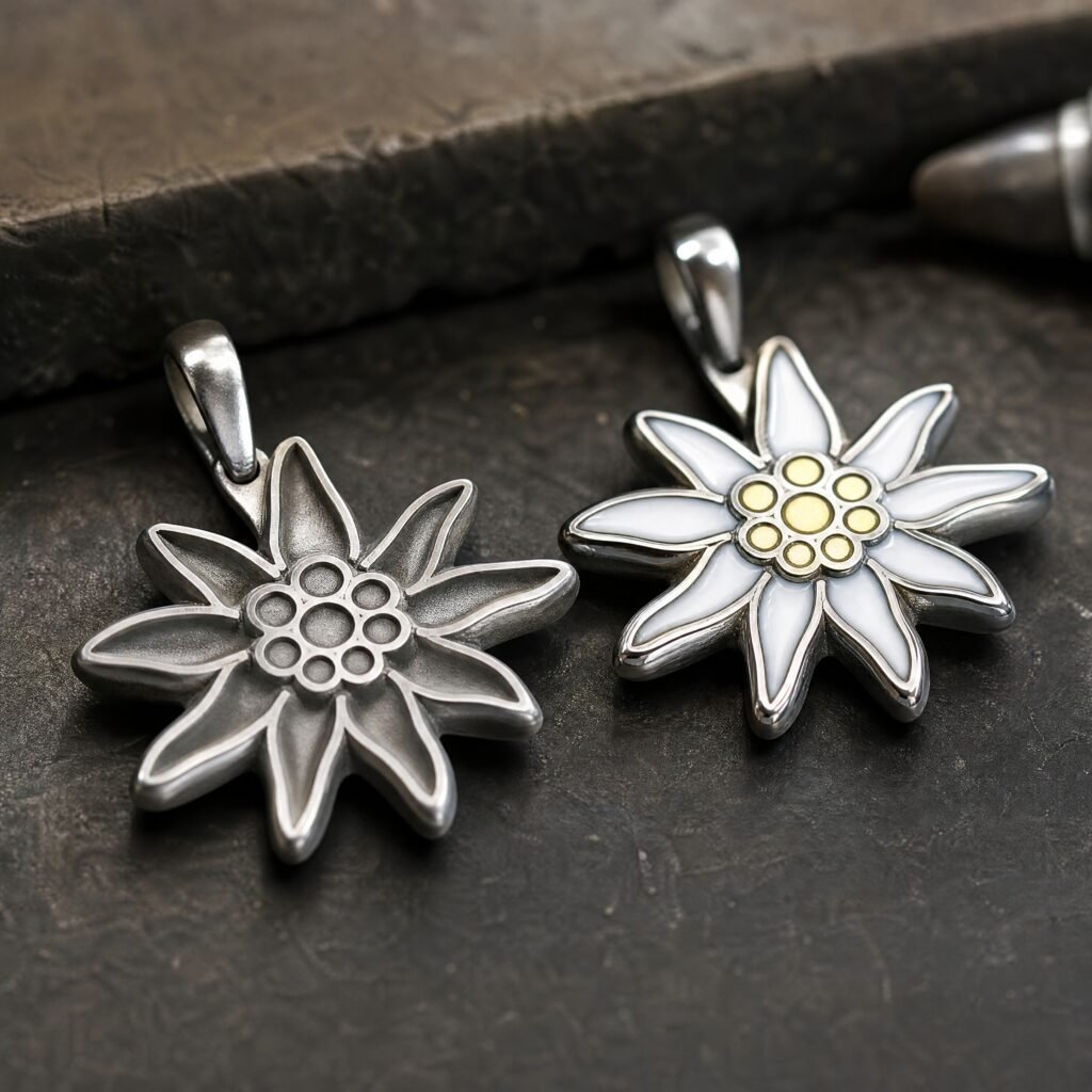 White enamel Edelweiss stainless steel pendants