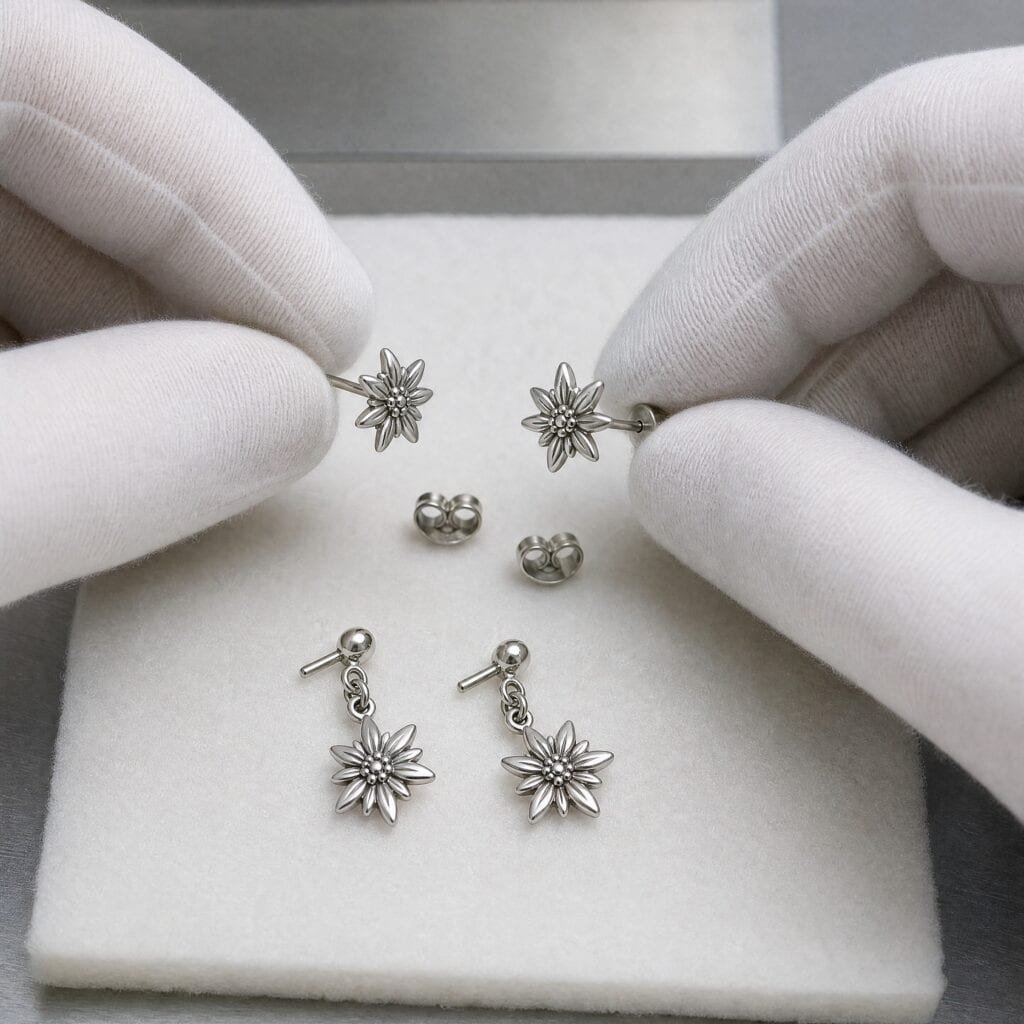 Matching stainless steel Edelweiss earrings under inspection
