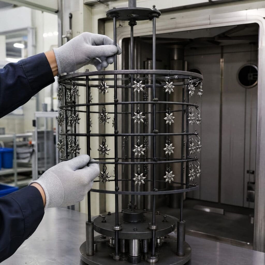 Stainless steel Edelweiss pendants loaded on a PVD rack