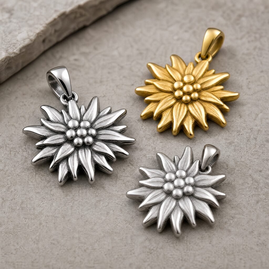 Stainless steel Edelweiss pendant finish samples