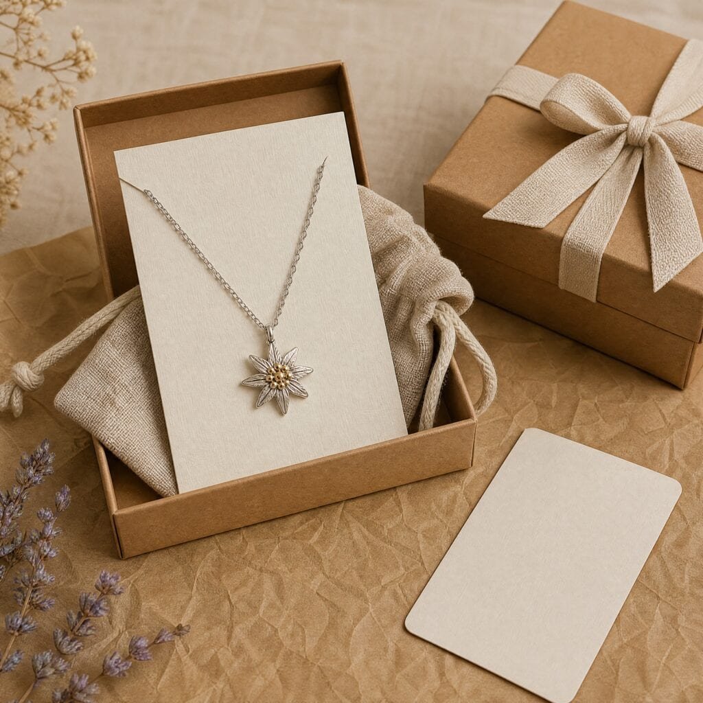 Edelweiss necklace with private label story card packaging