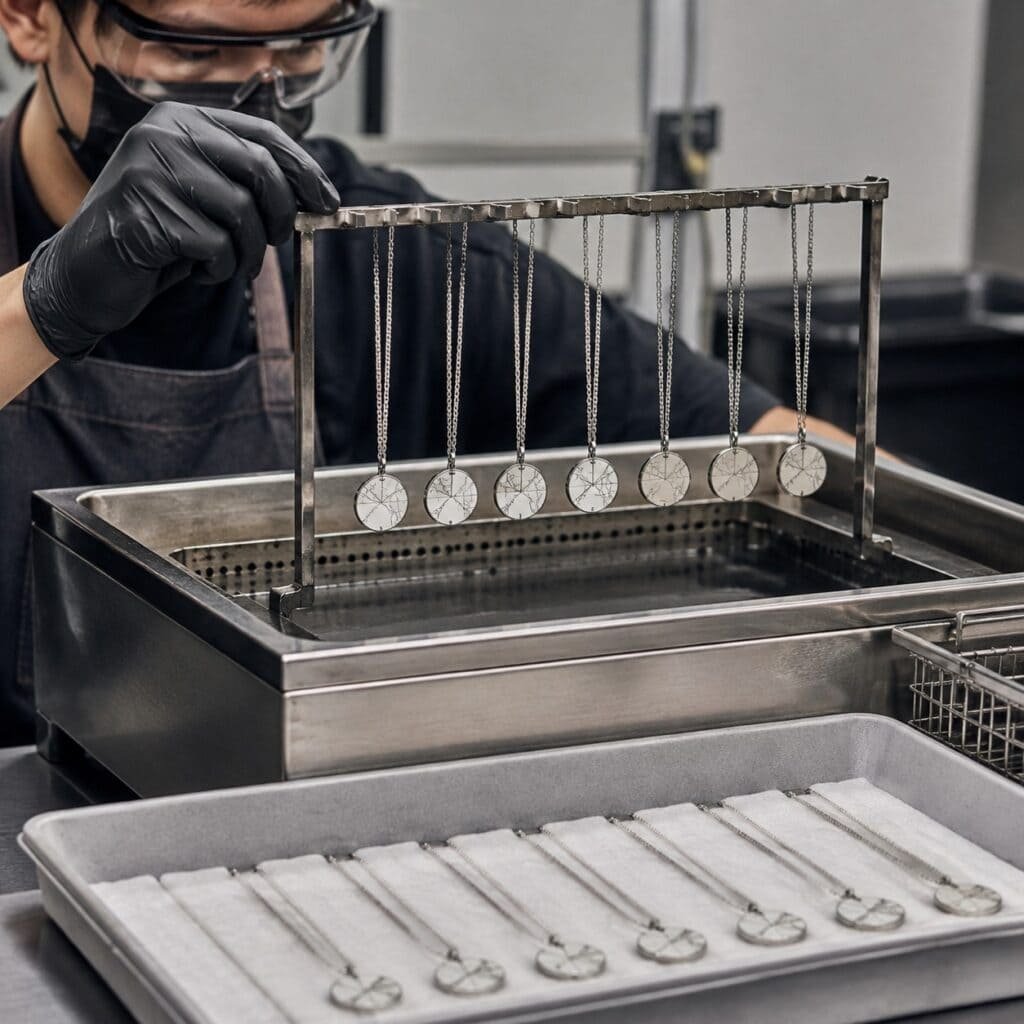 Controlled etching process for stainless steel map pendants