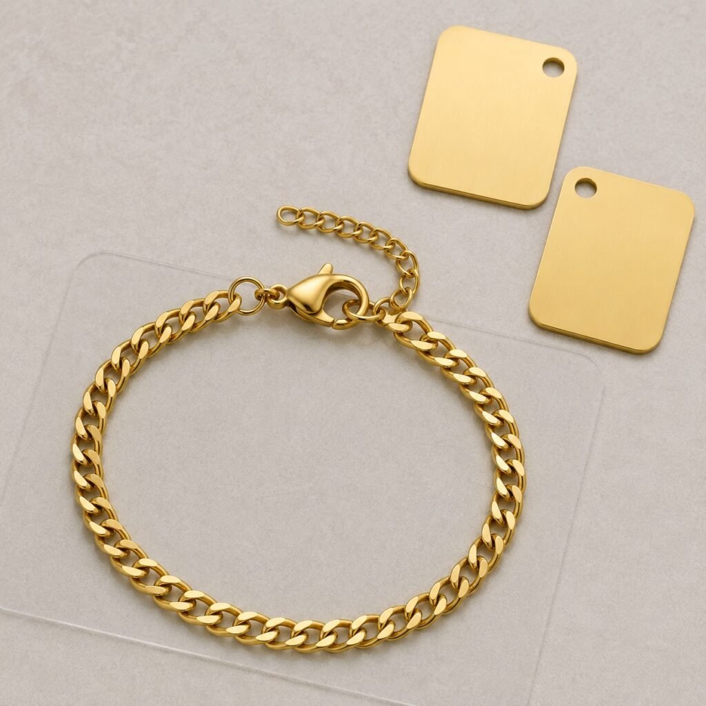 Gold PVD stainless steel chain bracelet beside controlled color references