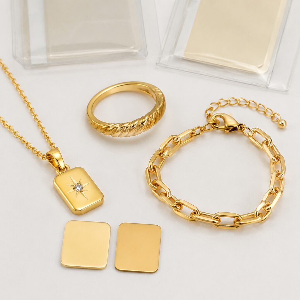 Gold PVD Western jewelry samples compared with controlled finish references