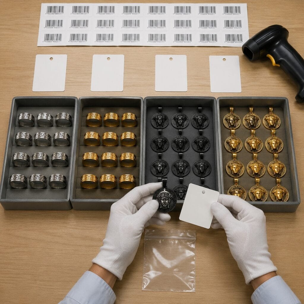 Greek jewelry variants matched to blank SKU and barcode labels