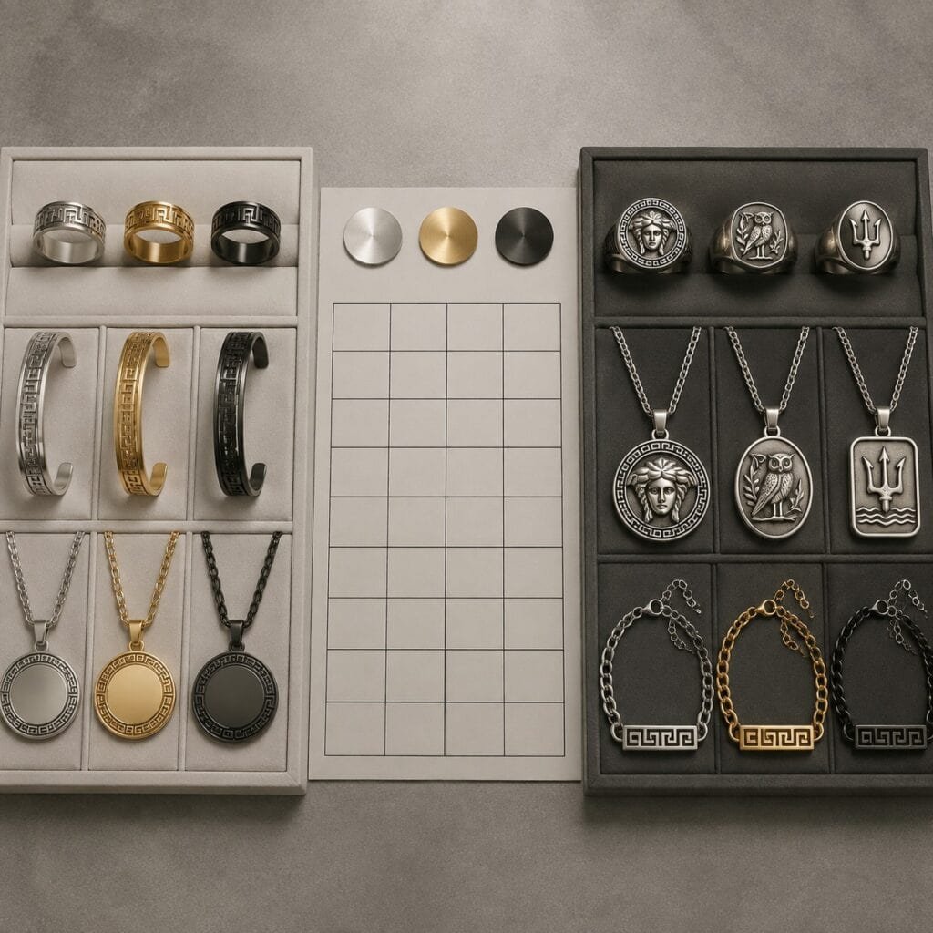 Wholesale Greek jewelry assortment balancing regular and custom stainless steel styles