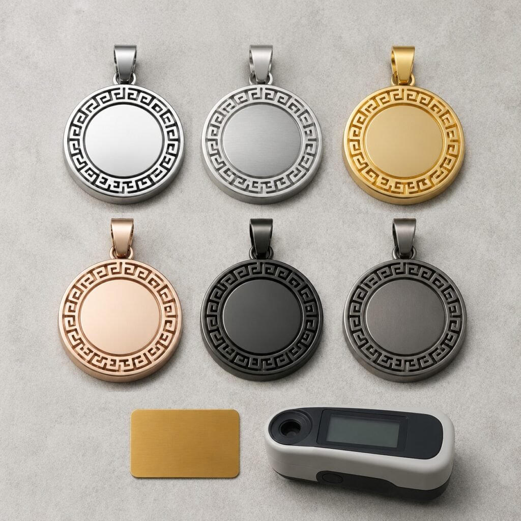 Identical Greek Key pendant samples compared across approved PVD finishes