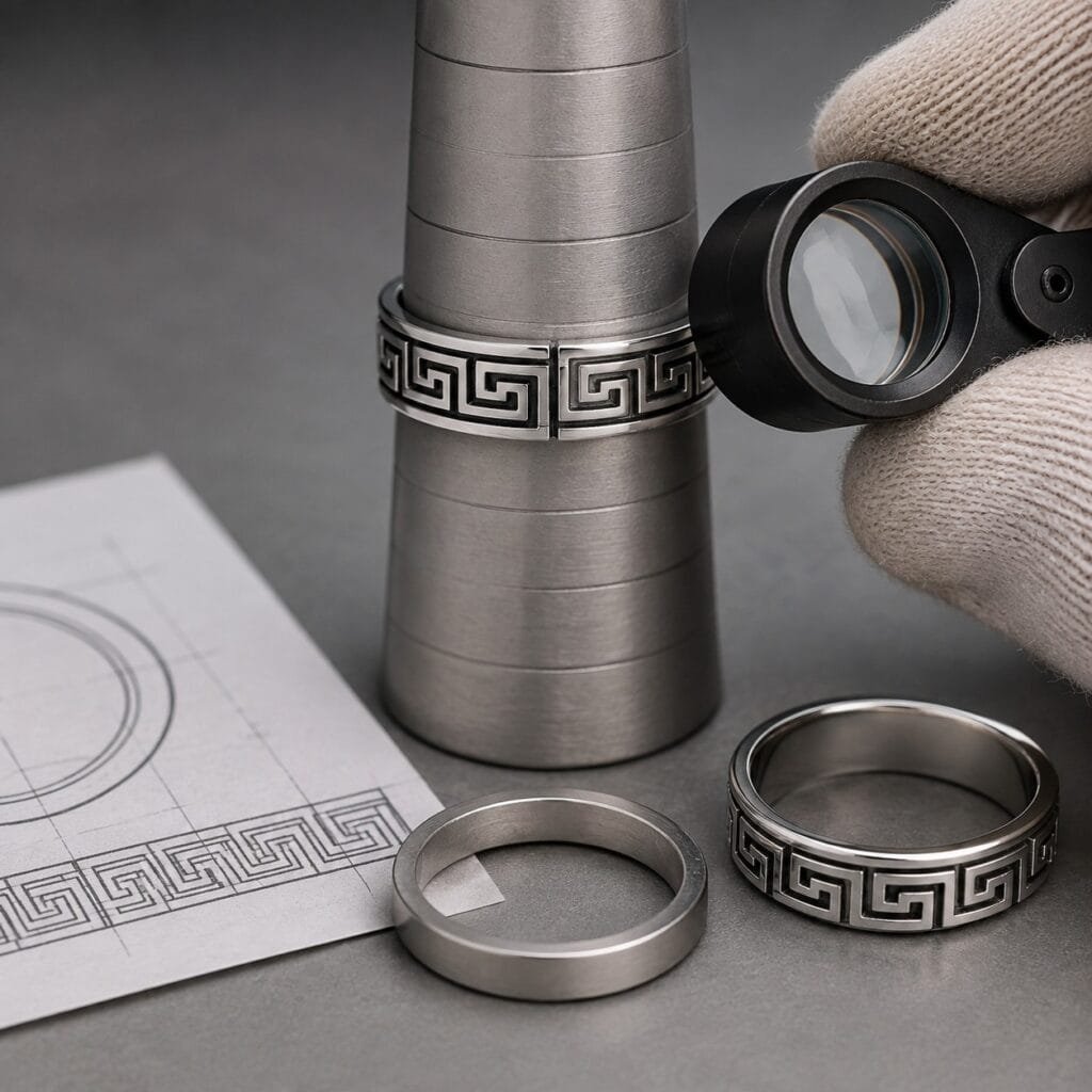 Greek Key ring pattern closure reviewed on a jewelry sizing mandrel