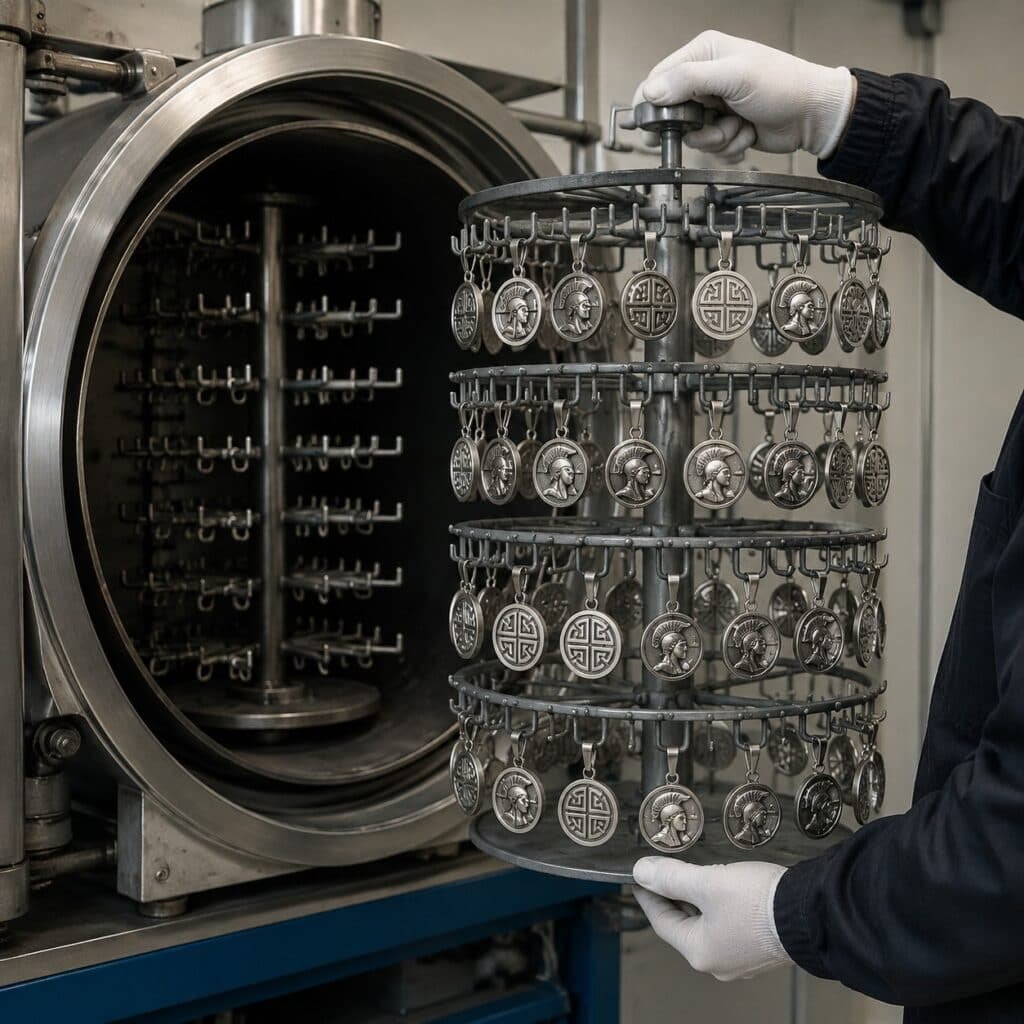 PVD chamber rack loaded with small Greek motif stainless steel pendants