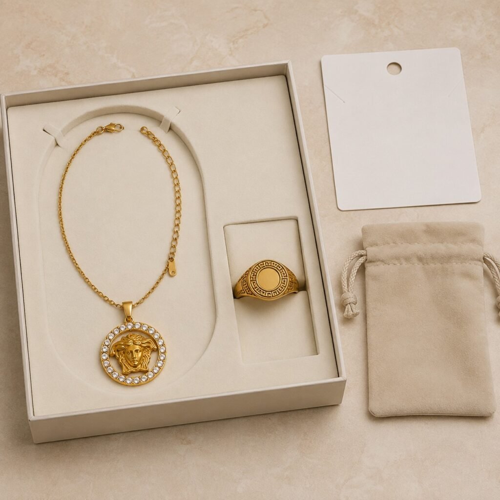 Greek mythology necklace and ring secured in private label packaging