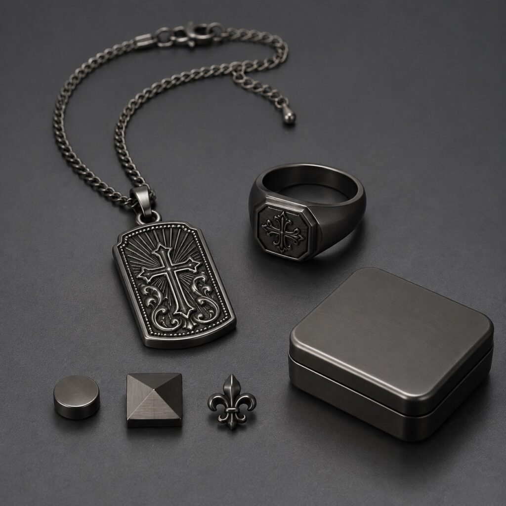Gunmetal Western jewelry components compared under consistent color inspection lighting