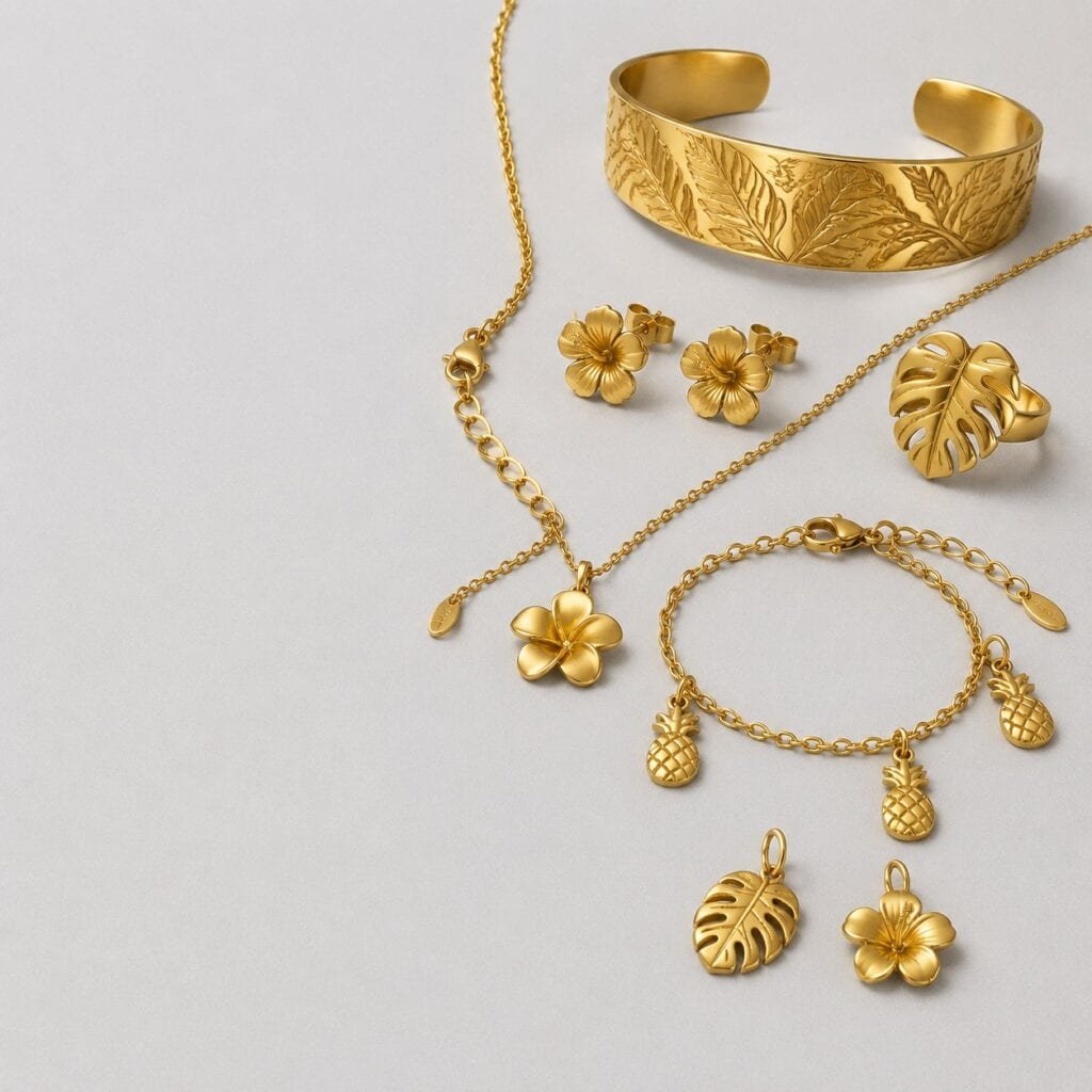Coordinated tropical stainless steel jewelry collection in polished and gold finishes