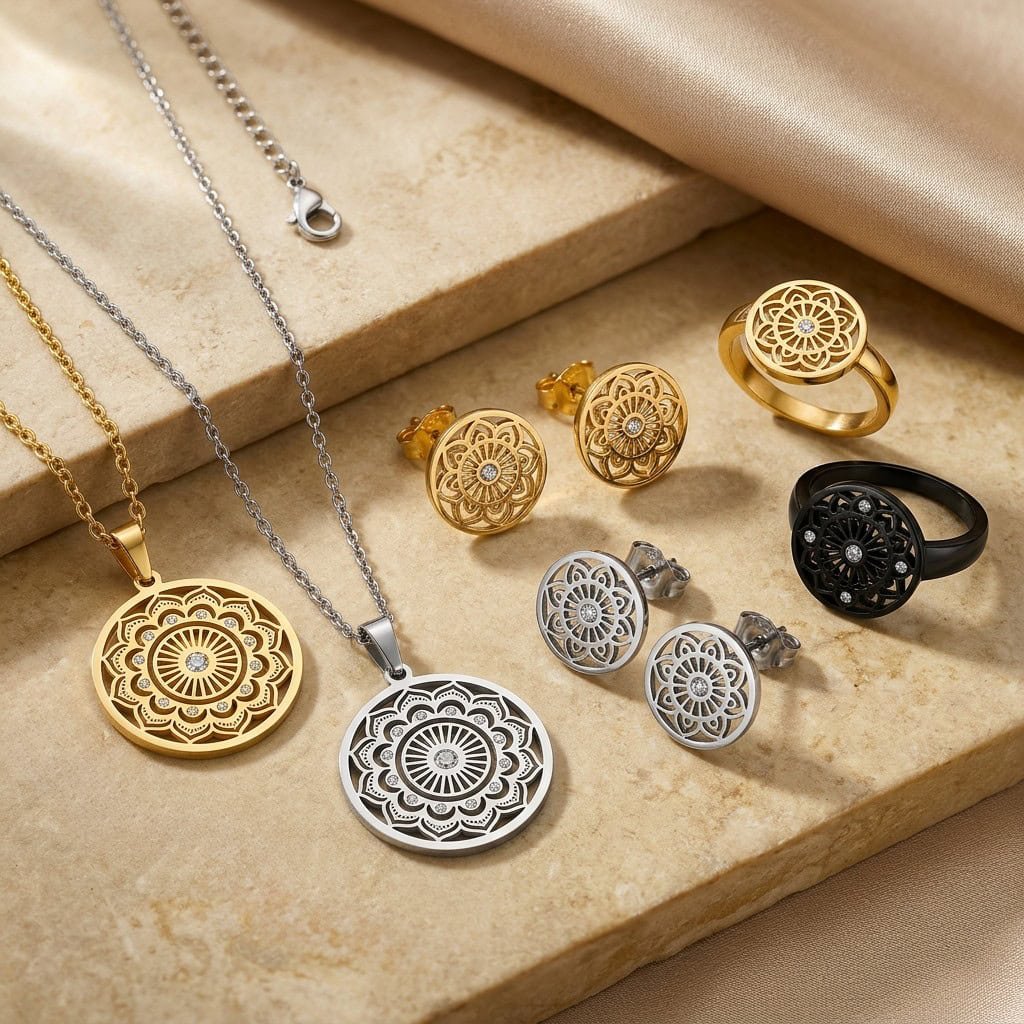 indian mandala stainless steel jewelry collection display
